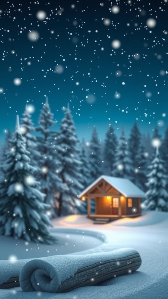 A winter landscape with falling snowflakes and twinkling lights, depicting a cozy Christmas scene.